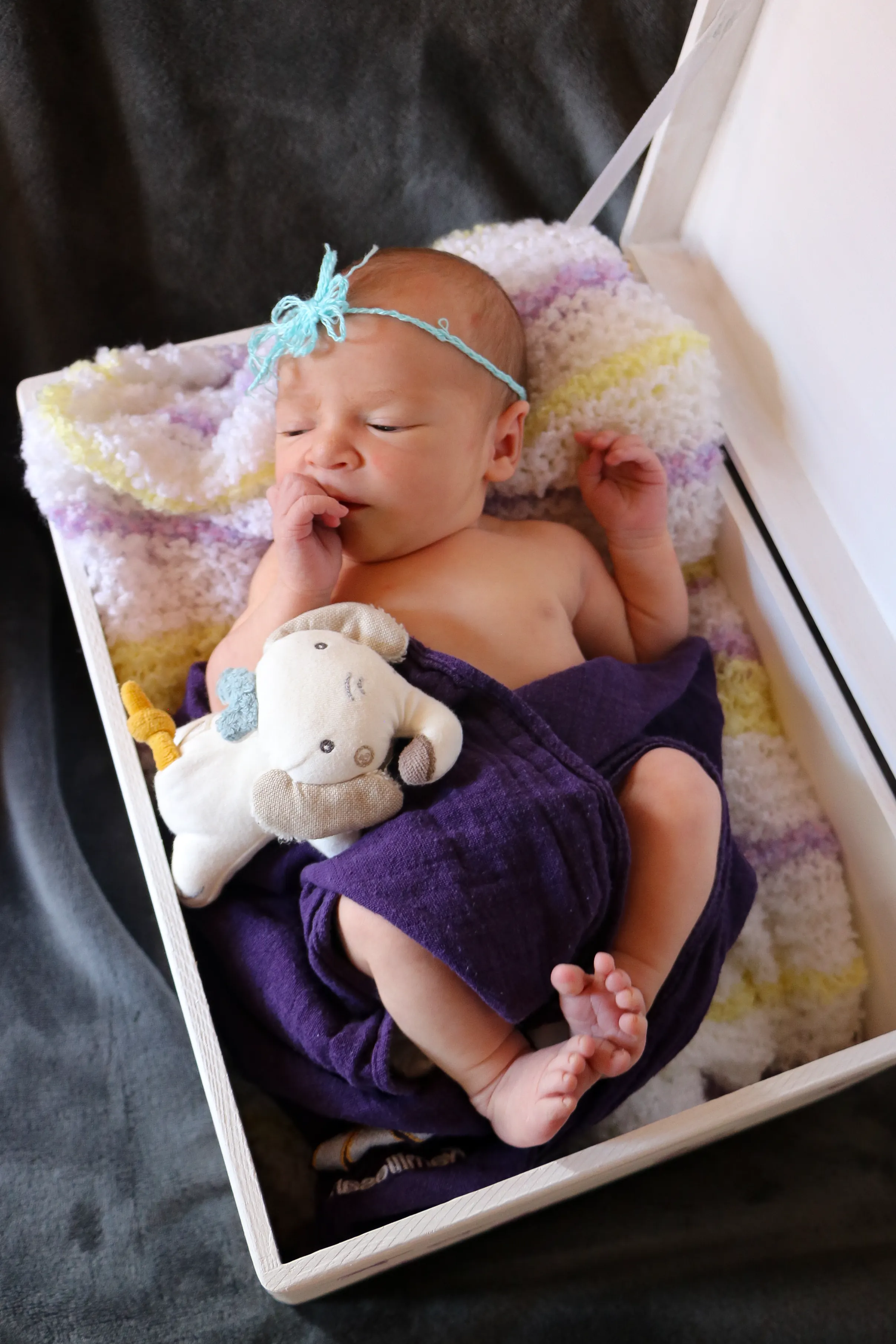 Babyshooting: Neugeborenes liegt in einer Box mit Decke und Kissen