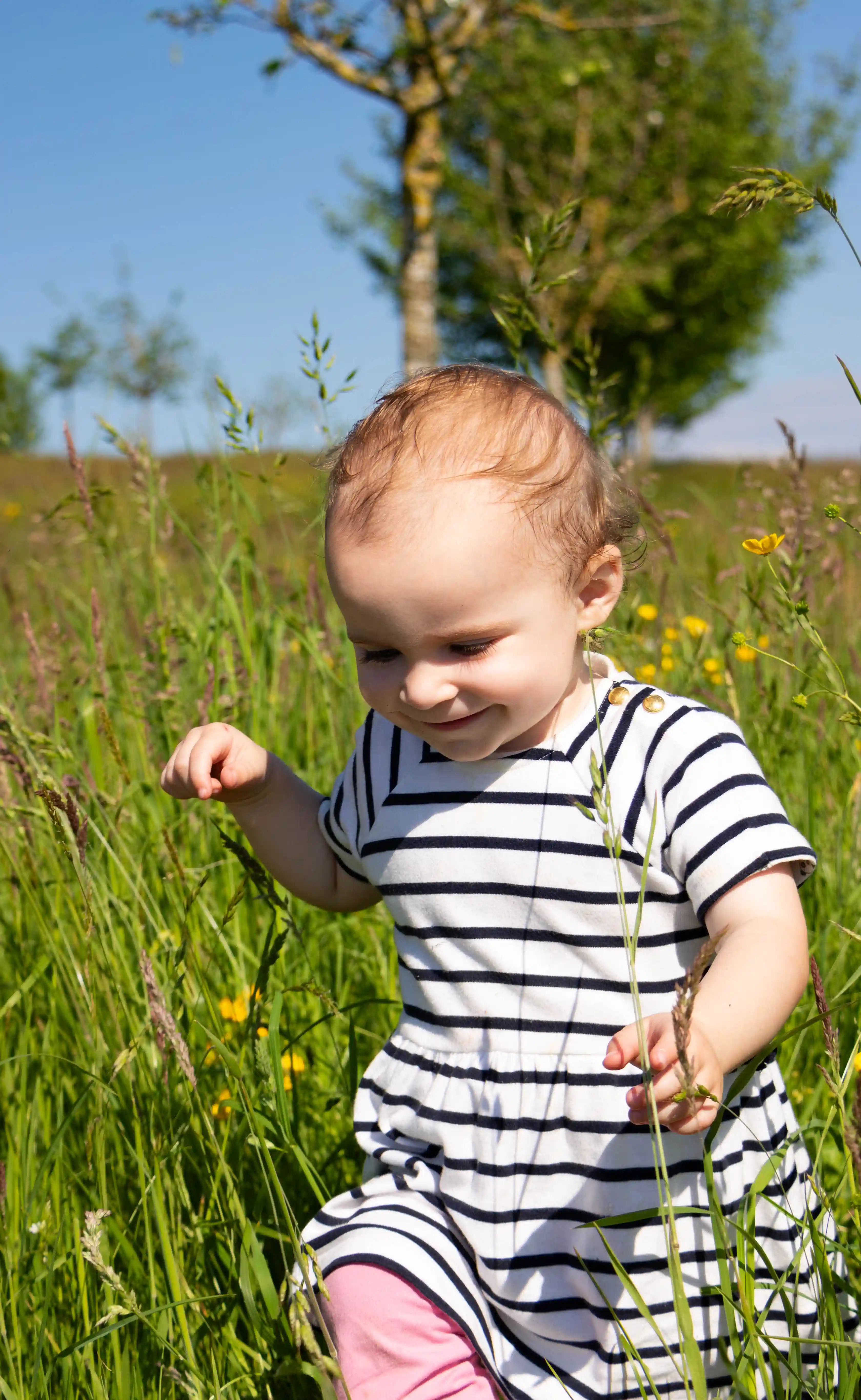 Babyfotografie: Kleines Kind auf einer Wiese in der Natur